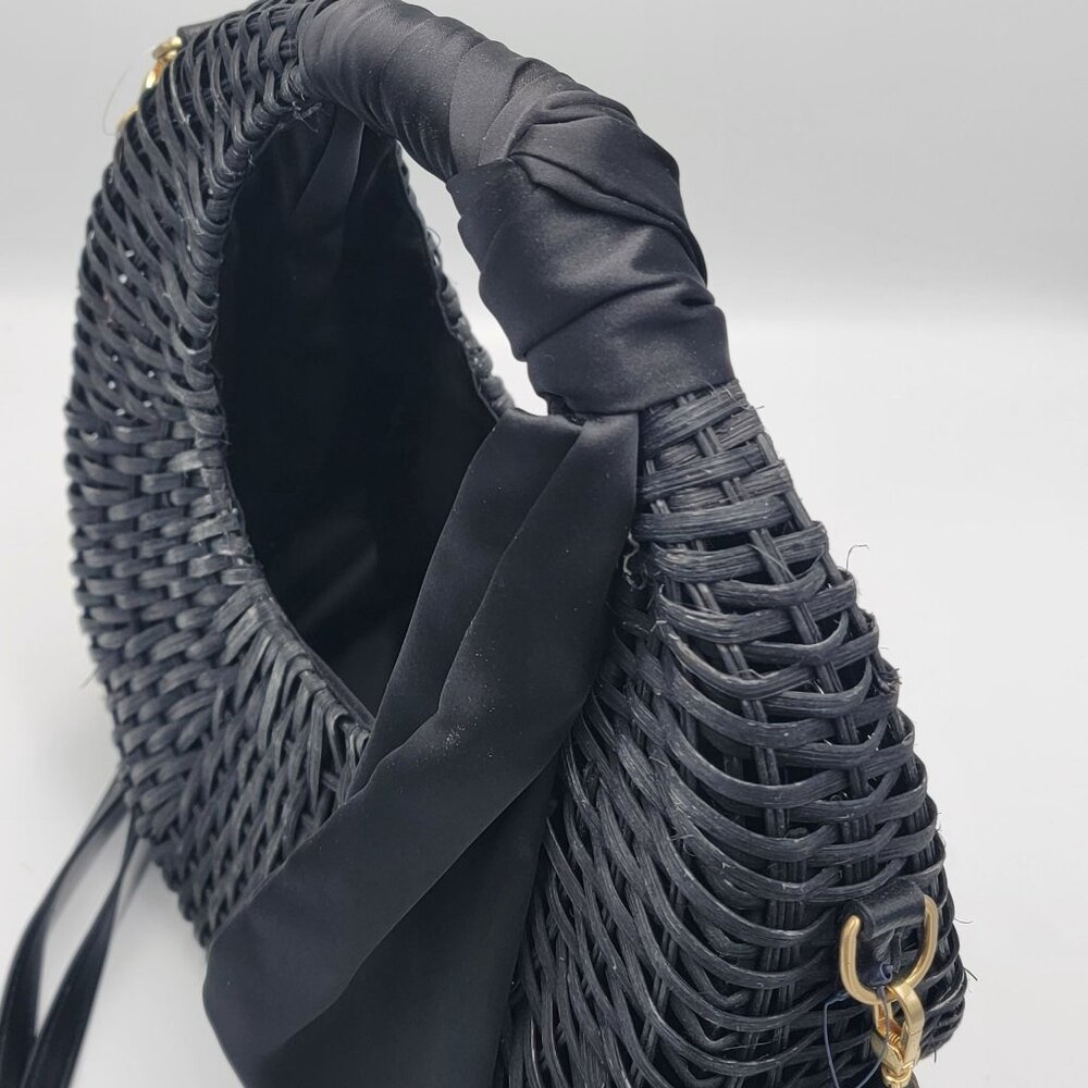 Boho Large Crescent Crosbody Woven Rattan Handbag With Fabric Handle Wrap - Picture 3 of 16